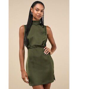 Lulus Classic Elegance Olive Satin Sleeveless Mock Neck Mini Dress Small NWOT